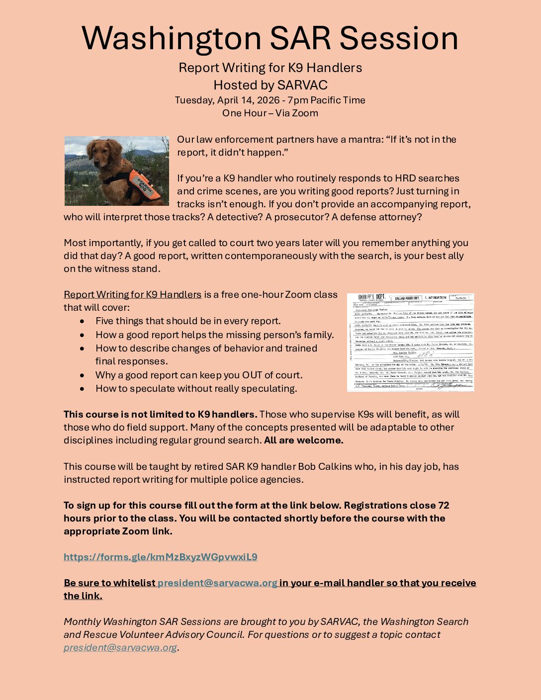 WA SAR Session Coming Up April 14 at 7pm